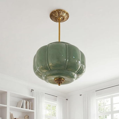 Milk Glass Ceiling Light Fixture - Antique Brass Semi Flush Mount Pendant Light for Kitchen, Hallway, and Bedroom (Green 15 inch)
