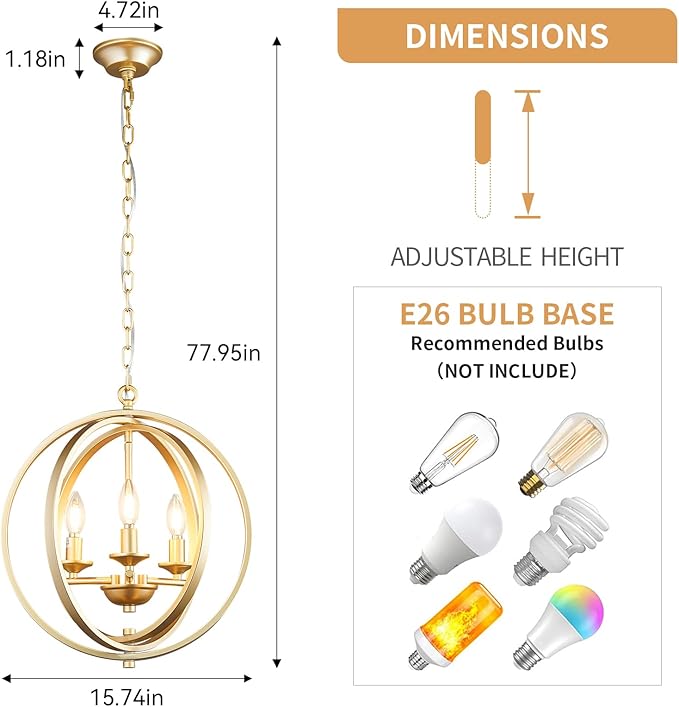 3-Light Modern Gold Pendant Lights, Farmhouse Dining Room Light Fixtures Industrial Chandelier, Metal Geometric Kitchen Island for Entryway Hallway Foyer Bedroom