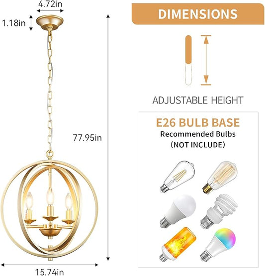 3-Light Modern Gold Pendant Lights, Farmhouse Dining Room Light Fixtures Industrial Chandelier, Metal Geometric Kitchen Island for Entryway Hallway Foyer Bedroom
