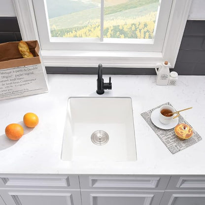 White Bar Sink Undermount-VASOYO 15x17 Small Kitchen Sink Undermount Wet Bar Sinks White Quartz Composite Deep Single Bowl Outdoor Rv Sinks with Bottom Grid