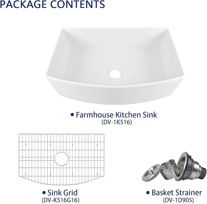 DeerValley Farmhouse Kitchen Sink 33 inch, White Fireclay Apron Front Farm Sinks, Single Bowl Deep Drop In Undermount Sink with Grid and Basket Strainer, Easy to Clean
