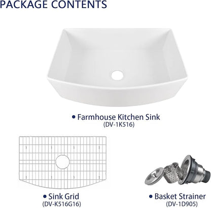 DeerValley Farmhouse Kitchen Sink 33 inch, White Fireclay Apron Front Farm Sinks, Single Bowl Deep Drop In Undermount Sink with Grid and Basket Strainer, Easy to Clean