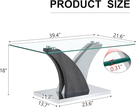 Glass Coffee Table for Living Room, 39" Modern Rectangle Coffee Tables with Tempered Glass Top and Sturdy Y-Shaped Wooden Base, Clear Center Table for Living Room, Apartment, Office