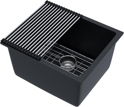 21"x18"x12" Undermount Laundry Sink - 12" Deep Granite Composite Laundry Room Sink, Matte Black Classic Quartz Under Counter Single Bowl Extra Deep Utility Sinks #TLGU-145