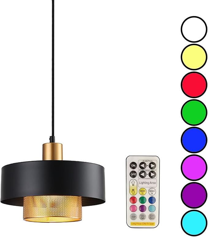 Modern style battery operated pendant light over kitchen island,6 RGB colors dimmable hanging lighting with remote control,Wireless pendant lights fixtures,(With bulb+remote control+charging cable) (