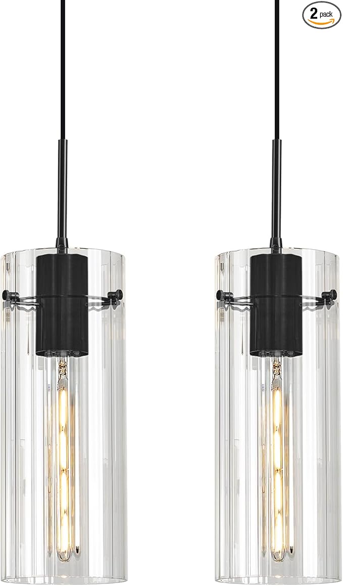 Glass Black Pendant Light, 2 Pack Modern Kitchen Island Pendant Lighting with Ribbed Glass, Adjustable Cord Pendant Light for Over Island, Dining Room, Bathroom Bedroom