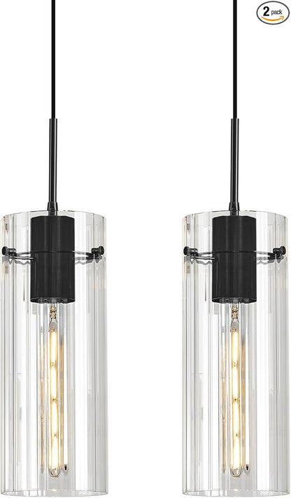 Glass Black Pendant Light, 2 Pack Modern Kitchen Island Pendant Lighting with Ribbed Glass, Adjustable Cord Pendant Light for Over Island, Dining Room, Bathroom Bedroom