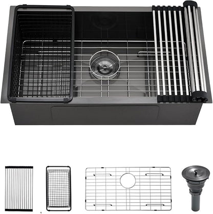 30 Black Stainless Steel Undermount Kitchen Sink, Luckyhorse 30" x 17" x 9" 18 Gauge Gunmetal Black Stainless Steel Undermount Kitchen Sink LH025SQ