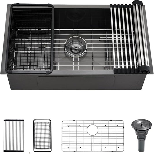 30 Black Stainless Steel Undermount Kitchen Sink, Luckyhorse 30" x 17" x 9" 18 Gauge Gunmetal Black Stainless Steel Undermount Kitchen Sink LH025SQ