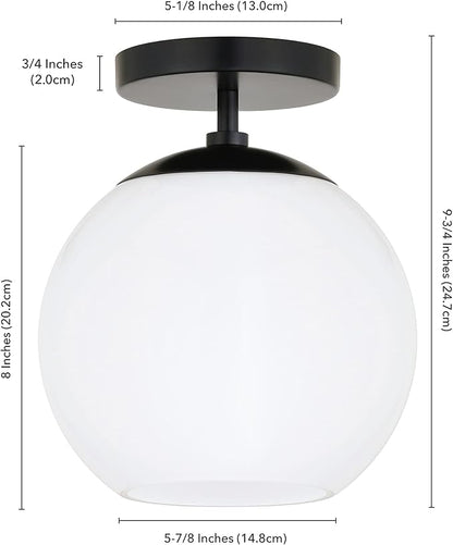 Henn&Hart 9" Semi-Flush Mount Ceiling Light Fixture with White Milk Glass Globe Shade for Entryway, Bedroom, Bathroom, Kitchen or Closet, Flat Black