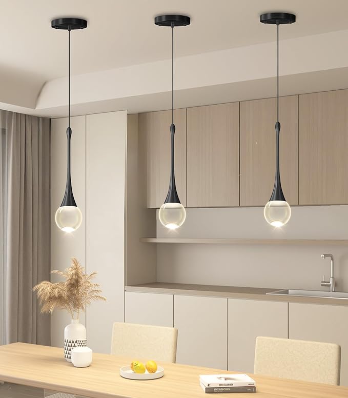 Modern Kitchen Island Pendant Lights Dimmable LED Crystal Chandelier Hanging Pendant Chandelier Black 3 Pack