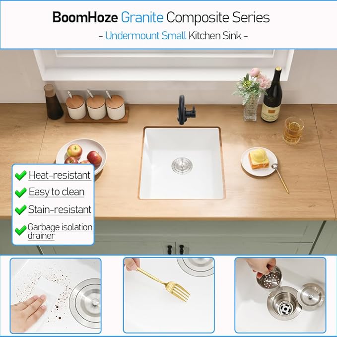 White Bar Sink Undermount, 13 x 13 Inch Small Kitchen Sink Granite Quartz Wet Bar Single Bowl Deep Basin and Mini Squeegee Combo