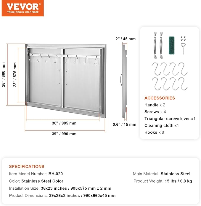 VEVOR BBQ Access Door, 39W x 26H Inch Double Outdoor Kitchen, Stainless Steel Flush Mount, Wall Vertical with Handles and Hooks, for BBQ Island, Grilling Station, Outside Cabinet