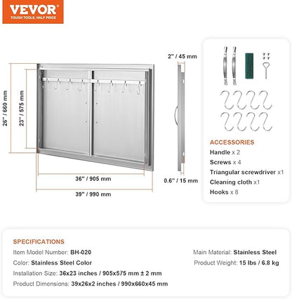 VEVOR BBQ Access Door, 39W x 26H Inch Double Outdoor Kitchen, Stainless Steel Flush Mount, Wall Vertical with Handles and Hooks, for BBQ Island, Grilling Station, Outside Cabinet