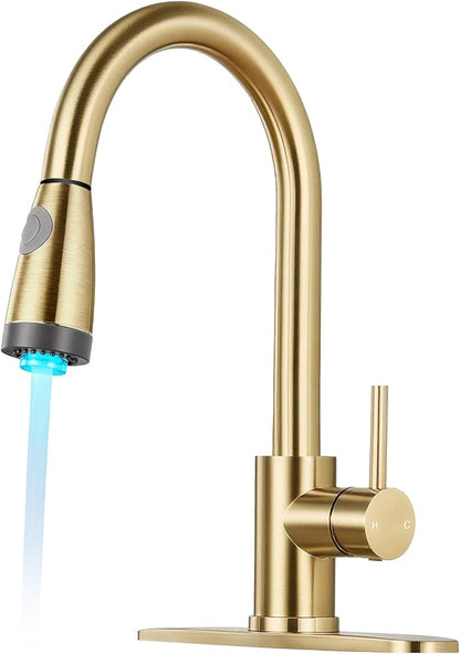 LED Kitchen Faucet with Pull Down Sprayer - Brushed Gold Single Handle Kitchen Faucets, High Arc Stainless Steel Pull Out Kitchen Sink Faucet with Deck for RV Laundry Farmhouse Bar