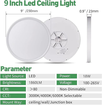 4PK 9 Inch LED Flush Mount Ceiling Light, 18W, 1860LM, 3000K/4000K/6000K CCT Selectable, Round Flat Panel Low Profile Ceiling Light Fitures for Hallway, Kitchen, Bedroom, Laundry Room