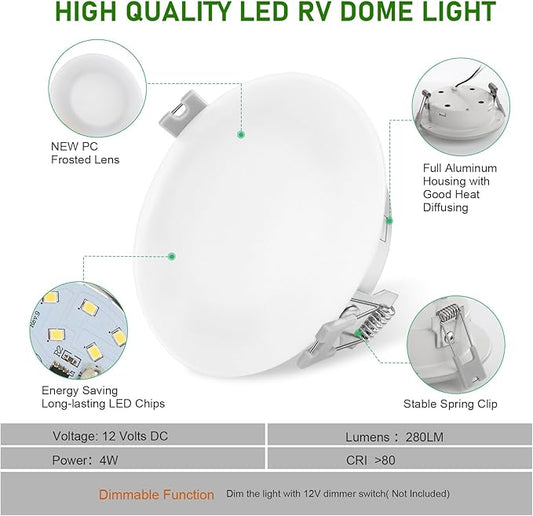 4.5″ RV Interior Lighting, Recessed Mount LED Ceiling Dome Light, 12V Puck Light for Camper Van, Trailer, Motorhome, Glass-Look Cover Warm White (Pack 3)