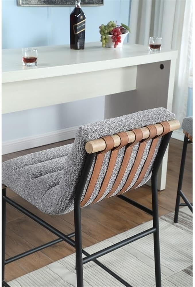 Lilola Home Lahni 18" W Gray Boucle Fabric Counter Height Chair – Contemporary Upholstered Bar Stool with Cognac PU Leather Detail and Fully Assembled Design for Kitchen Dining Room