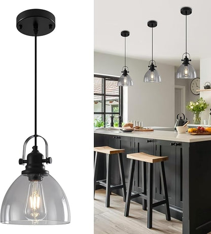 Smoke Gray Glass Pendant Lights Kitchen Island, 7.5 “Industrial Glass Pendant Lights 1-Pack, Modern Clear Kitchen Island Lighting, Light Pendants for Kitchen Island, Living Room, Bathroom