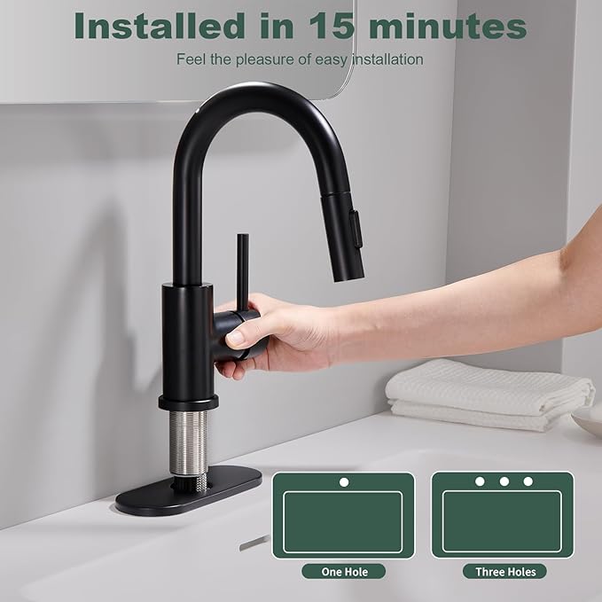 Matte Black Bathroom Faucets for 1 or 3 Hole, Single Handle Bathroom Sink Faucet with Pull Down Sprayer, Vanity Faucet with Pop-Up Drain and Deck Plate for Bar Laundry Basin
