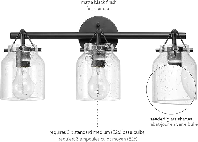 Globe Electric 63000207 5-Piece All-in-One Bathroom Set, 22" 3-Light Vanity Light, Matte Black, Seeded Glass Shades, Towel Bar, Robe Hook, Toilet Paper Holder, Towel Ring, Bathroom Lights Over Mirror