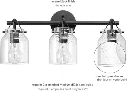 Globe Electric 63000207 5-Piece All-in-One Bathroom Set, 22" 3-Light Vanity Light, Matte Black, Seeded Glass Shades, Towel Bar, Robe Hook, Toilet Paper Holder, Towel Ring, Bathroom Lights Over Mirror