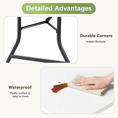 5ft Folding Table, Heavy Duty Plastic Card Table with Foldable Steel Legs, Metal Frame Support up to 500 lb, Portable for Indoor, Outdoor, Picnic, Camping, Dining, Party, White