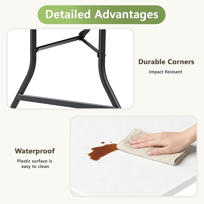 6ft Folding Table, Heavy Duty Plastic Card Table with Foldable Steel Legs, Metal Frame Support up to 600 lb, Portable for Indoor, Outdoor, Picnic, Camping, Dining, Party, White