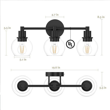 Espird 3 Lights Bathroom Vanity Light Fixtures Black, Bathroom Lights Over Mirror, Industrial and Farmhouse 3 Lights Wall Sconce, Matte Black Globe Vanity Lighting Fixtures