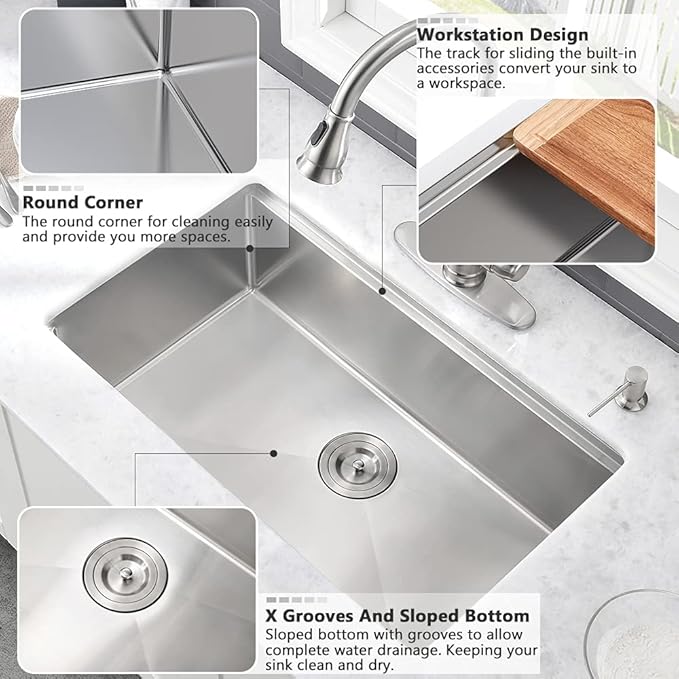 Stainless Kitchen Sink Undermount-VASOYO 33 Inch Undermount Kitchen Sink Workstation Sinks 16 Gauge Stainless Steel Single Bowl Deep Under Mount Sinks with Cutting Board