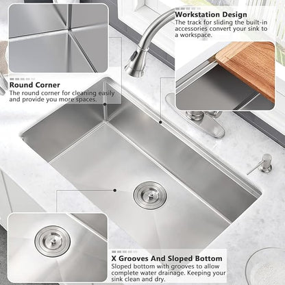 Stainless Kitchen Sink Undermount-VASOYO 33 Inch Undermount Kitchen Sink Workstation Sinks 16 Gauge Stainless Steel Single Bowl Deep Under Mount Sinks with Cutting Board