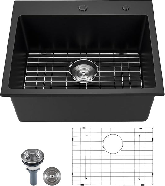 VEVOR 33 inch Kitchen Sink Workstation, Top Mount Granite Sinks, Drop-In Single Bowl Farmhouse Basin with Multiple Accessories, Household Dishwasher Sinks (22"D x 25"W x 10"H)