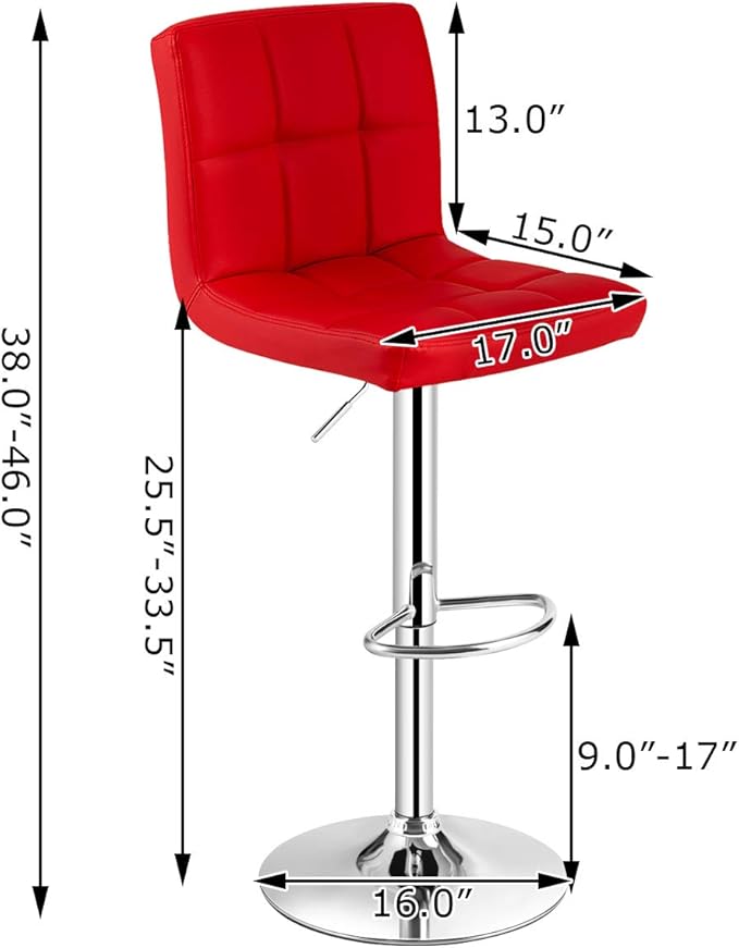 COSTWAY Adjustable Bar Stools Set of 2, Modern Swivel PU Leather Bar Chair with Backrest, Soft Cushioned Seat, Footrest, Sturdy Metal Frame, Comfortable Barstools for Kitchen Island, Pub, Red