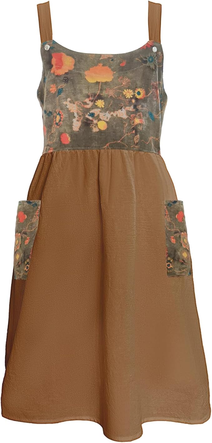 Cityelf Vintage Pinafore Apron Dress Snap Adjust Linen Cotton with Pockets Floral Aprons for Cooking Gardening