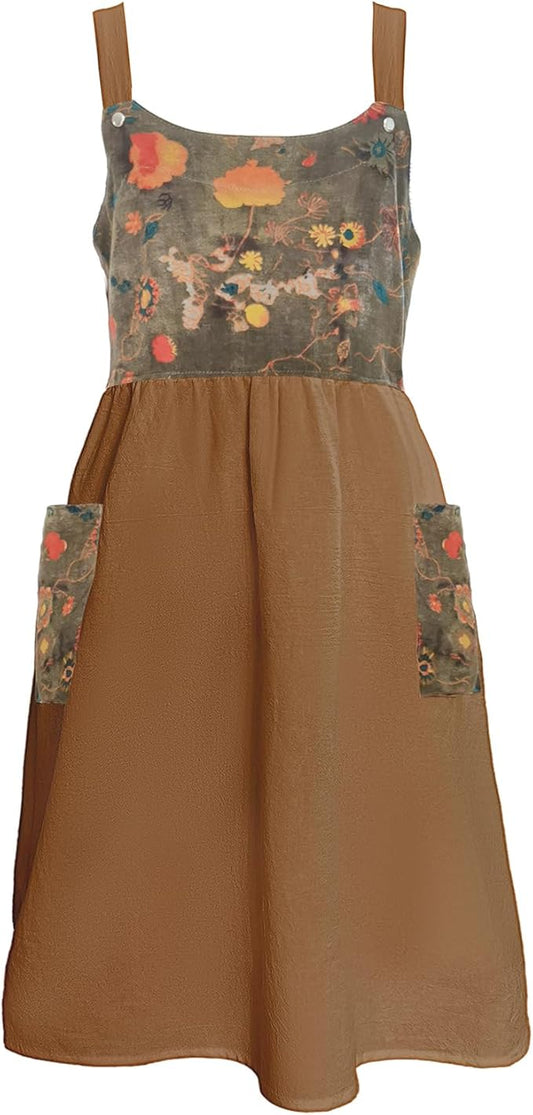 Cityelf Vintage Pinafore Apron Dress Snap Adjust Linen Cotton with Pockets Floral Aprons for Cooking Gardening