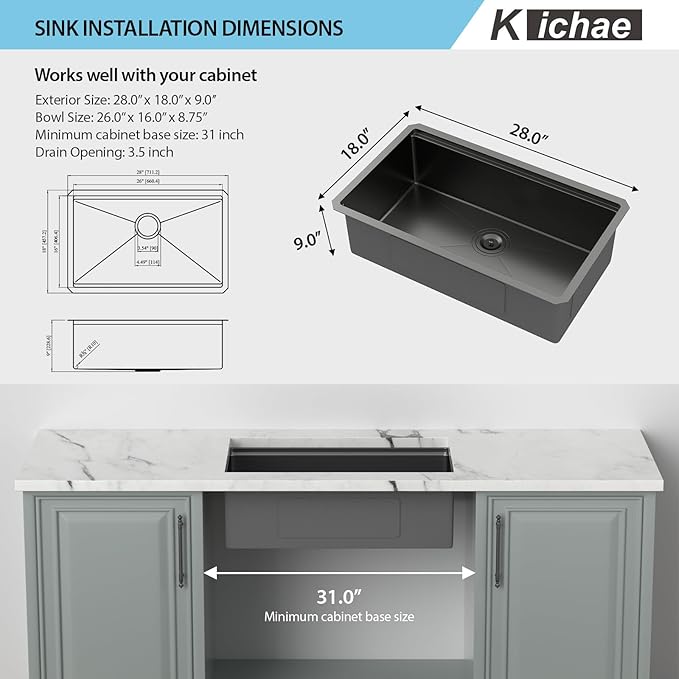Kichae 28 Black Kitchen Sink Undermount Workstation - 28x18 Gunmetal Black Stainless Steel Undermount Kitchen Sink 16 Gauge Deep Single Bowl Basin Round Corner