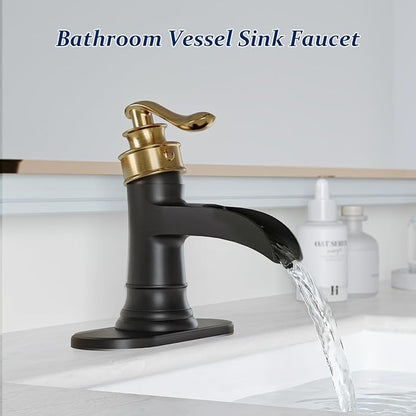 BWE Bathroom Sink Faucet Gold with Matte Black Waterfall Farmhouse Vanity Lavatory Single Hole Faucets One Handle Bath Antique Mixer with Water Supply Line