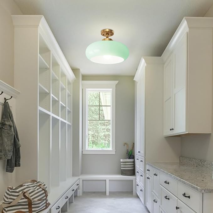 Mint Green Ceiling Light, Gold Hallway Light Scandinavian Flush Mount with Glass Shade, Vintage Flush Ceiling Light for Living Room Bedroom, Bathroom Lighting Fixture