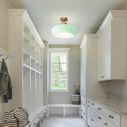 Mint Green Ceiling Light, Gold Hallway Light Scandinavian Flush Mount with Glass Shade, Vintage Flush Ceiling Light for Living Room Bedroom, Bathroom Lighting Fixture