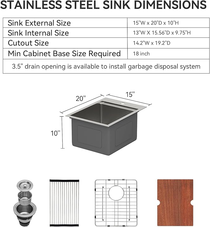 Lordear 15 Bar Sink Drop In 15 x 20 Inch Topmount Kitchen Sink 16 Gauge Stainless Steel Single Bowl Ledge Workstation RV Bar Prep Sinks Basin