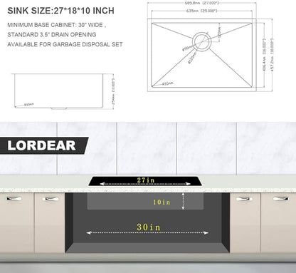 Lordear 27 Undermount Kitchen Sink 27X18 Inch Deep Single Bowl 16 Gauge Stainless Steel R10 Round Corner Under Counter Handmade Kitchen Sink Basin