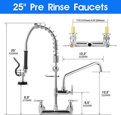 Commercial Kitchen Faucet with Pre-Rinse Sprayer 8 Inch Center Wall Mount Kitchen Sink Faucet with Pull Down Spray - 25" Height Compartment Sink Faucets with 12 Inches Add-On Spout