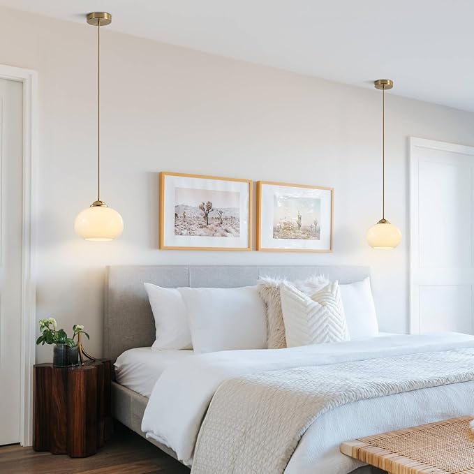 KCO Lighting 1-Light Globe Pendant Light Mid Century Modern Pendant Lighting White Glass Hanging Light Fixture Brushed Brass Chandelier Adjustable Light for Dining Room Living Room Bedroom Kitchen