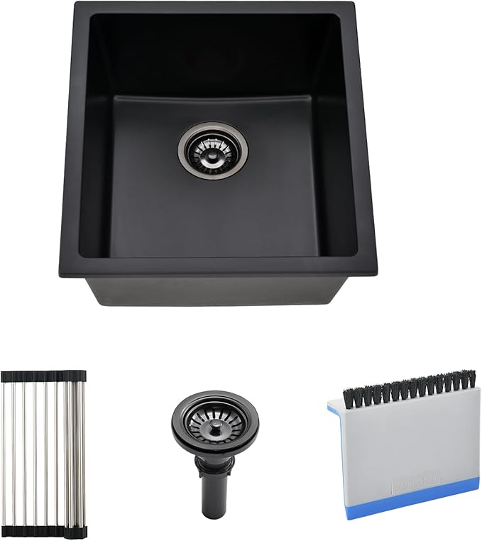 Black Undermount Bar Sink, 13 x 13 Inch Granite Composite Quartz Small Kitchen Sink Wet Bar Single Bowl Deep Basin with Countertop Squeegee Brush Combo