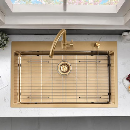 33 Inch Gold Drop In Kitchen Sink with Faucet Combo-VASOYO 33x22 Inch Gold Kitchen Sink with Faucet Combo Set Stainless Steel Deep Single Bowl Topmount Sinks and Faucets