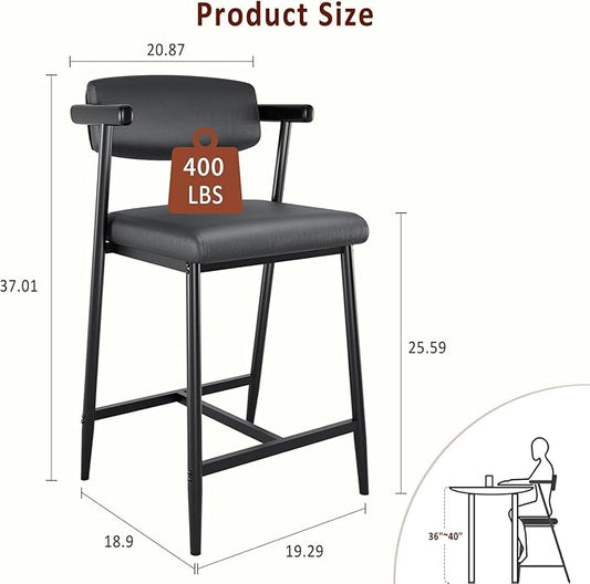 GarveeHome Bar Stools Set of 8 with Arms, 26" Modern 8pcs Counter Height Metal Barstools Set with Back & Footrest, Upholstered Wider Seat, Sturdy Frame, for Counter Bar, Kitchen Island, Retro Black