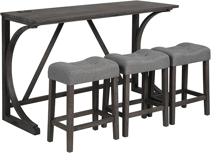 HMFULE 59'' Industrial 4 Piece Bar Table Set with Power Outlet Breakfast Table Behind Couch Table with 3 Padded Stools for Kitchen Living Room Dining Room, Dark Gray
