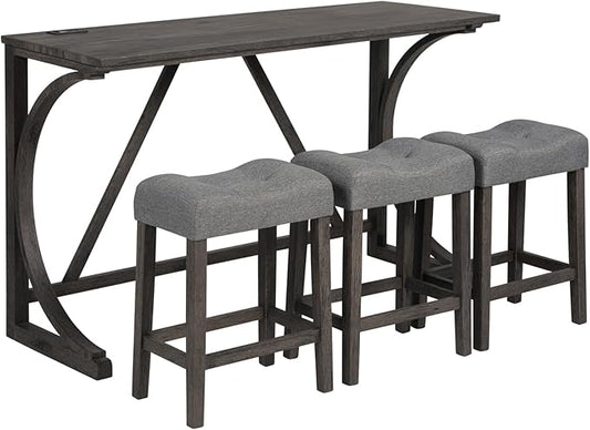 HMFULE 59'' Industrial 4 Piece Bar Table Set with Power Outlet Breakfast Table Behind Couch Table with 3 Padded Stools for Kitchen Living Room Dining Room, Dark Gray