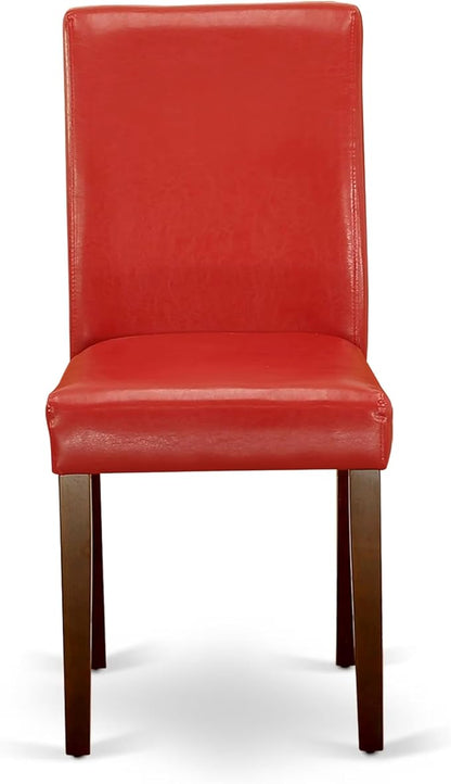 East West Furniture ABP3T72 Abbott Parsons Dining Chairs - Firebrick Red Faux Leather Padded Chairs, Set of 2, Mahogany