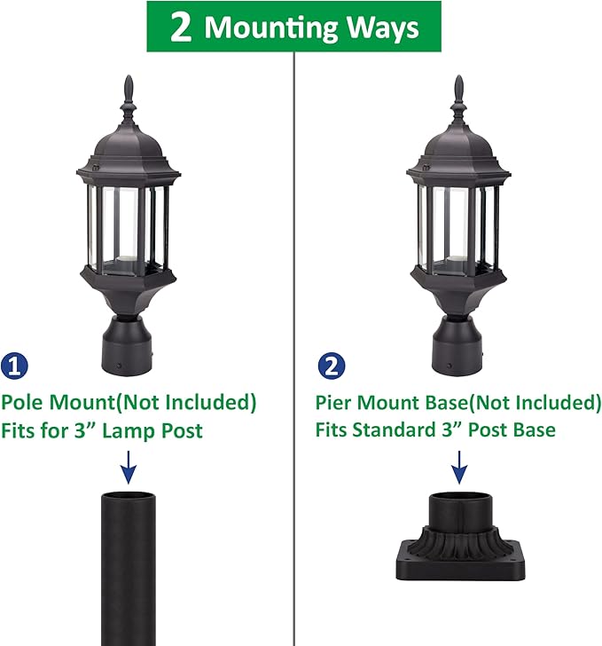 LIT-PaTH Outdoor Post Lighting Fixture Pole Lantern, E26 Medium Base Max 60W, Aluminum Housing Plus Glass, 2-Pack, Black Finish
